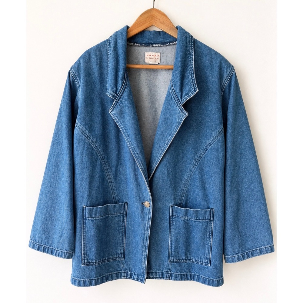 Vintage Sundance Sz XL Denim Long Line Button Front Coat Chunky Heavy Layering